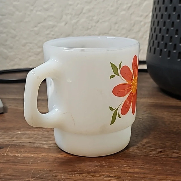 Vintage Anchor Hocking Fire King  Flower Power Stacking Mug Blue & Orange Flower - Picture 2 of 4